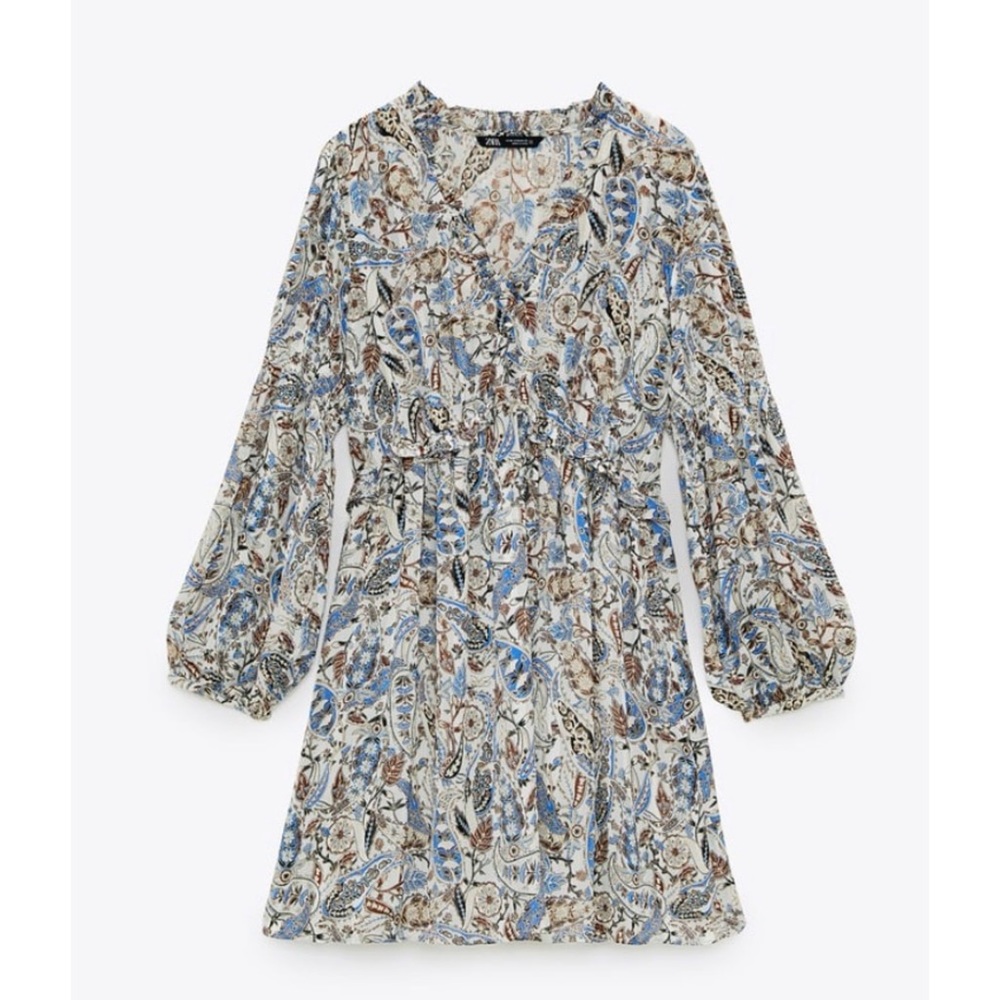 Zara Blue White Paisley Long-Sleeve Mini Dress